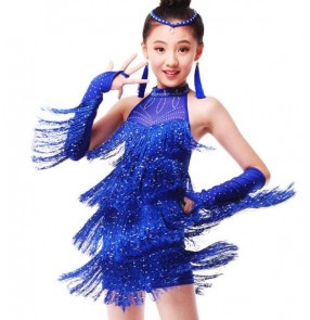 Royal blue fuchsia red sequined fringes backless girls kids children gymnastics competition professional performance  latin dance dresses